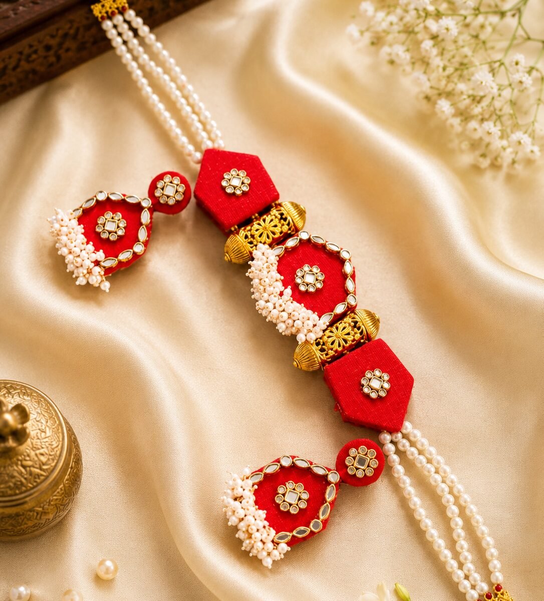 Red kundan and pearl bridal necklace with matching jhumka earrings