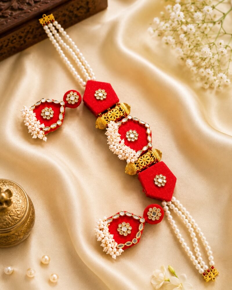 Red kundan and pearl bridal necklace with matching jhumka earrings