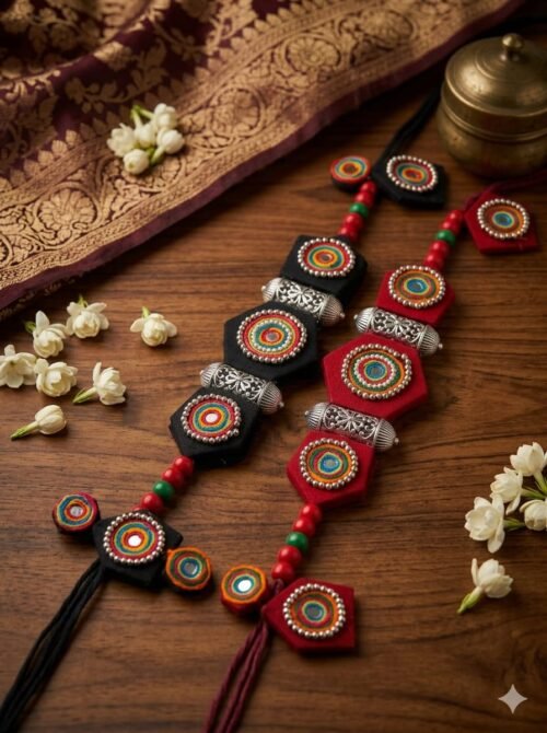 Black and red thread-wrapped mirror-work medallion necklaces styled on wood and silk