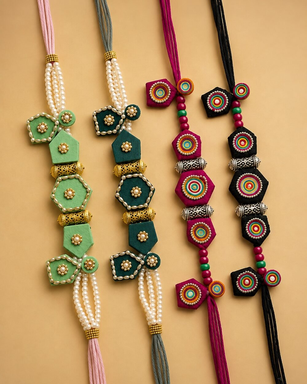 Fabric and pearl tassel necklaces in four colourways: mint, teal, magenta and black