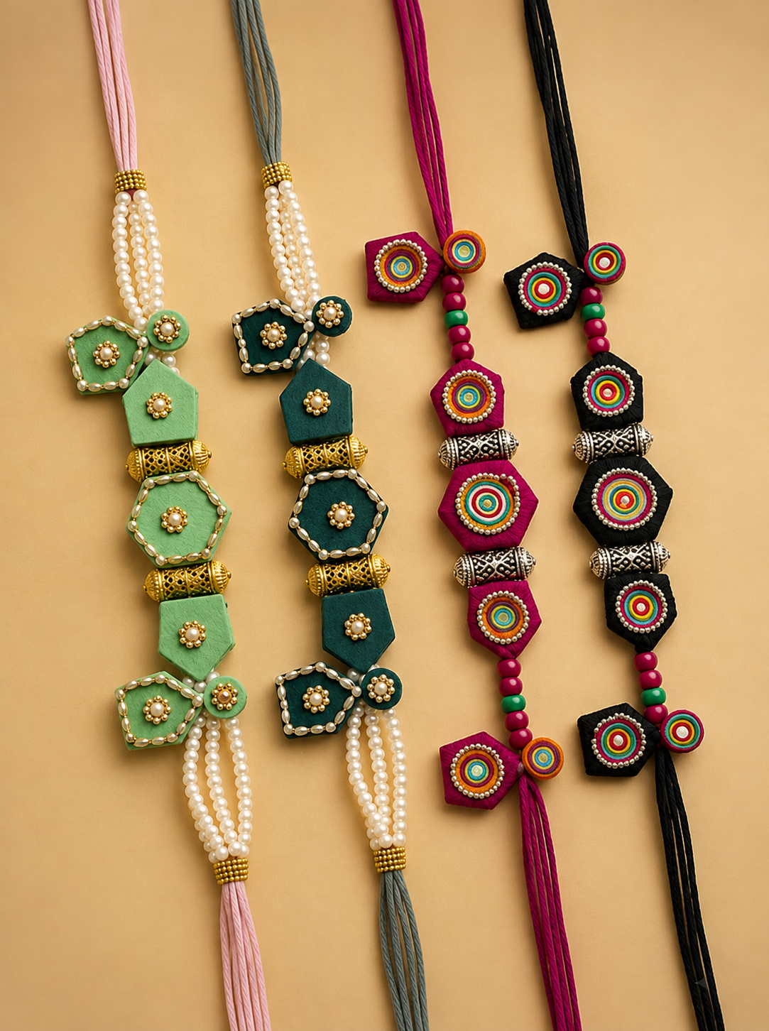 Fabric and pearl tassel necklaces in four colourways: mint, teal, magenta and black