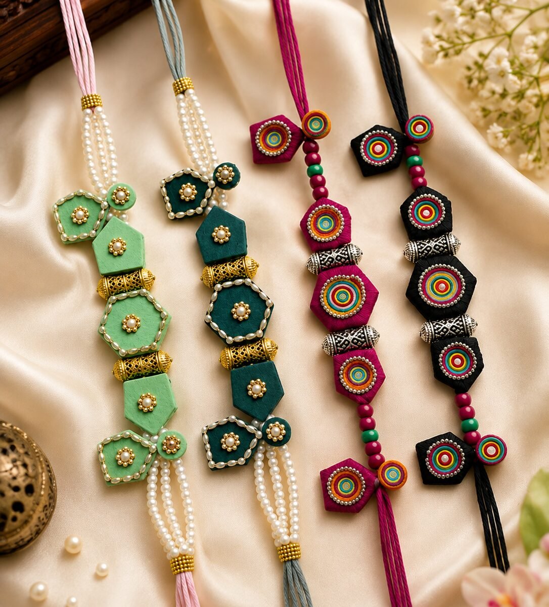 Pearl tassel necklaces styled on silk with brass urli and jasmine