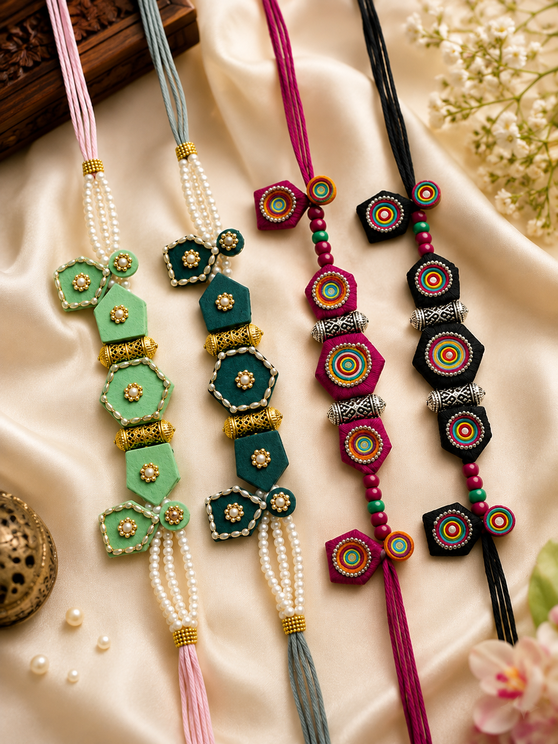Pearl tassel necklaces styled on silk with brass urli and jasmine