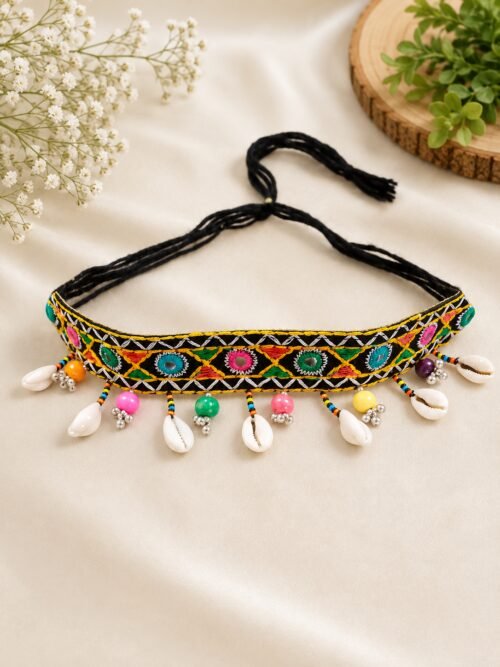 Black embroidered mirror-work choker with bead and cowrie shell tassel fringe