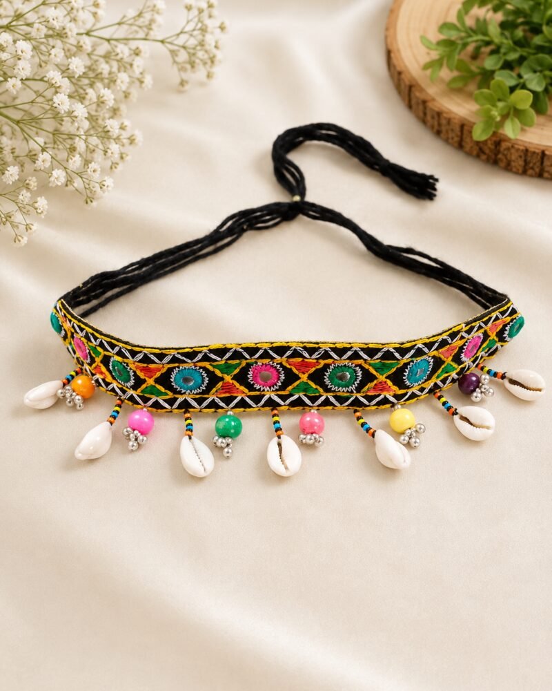 Black embroidered mirror-work choker with bead and cowrie shell tassel fringe